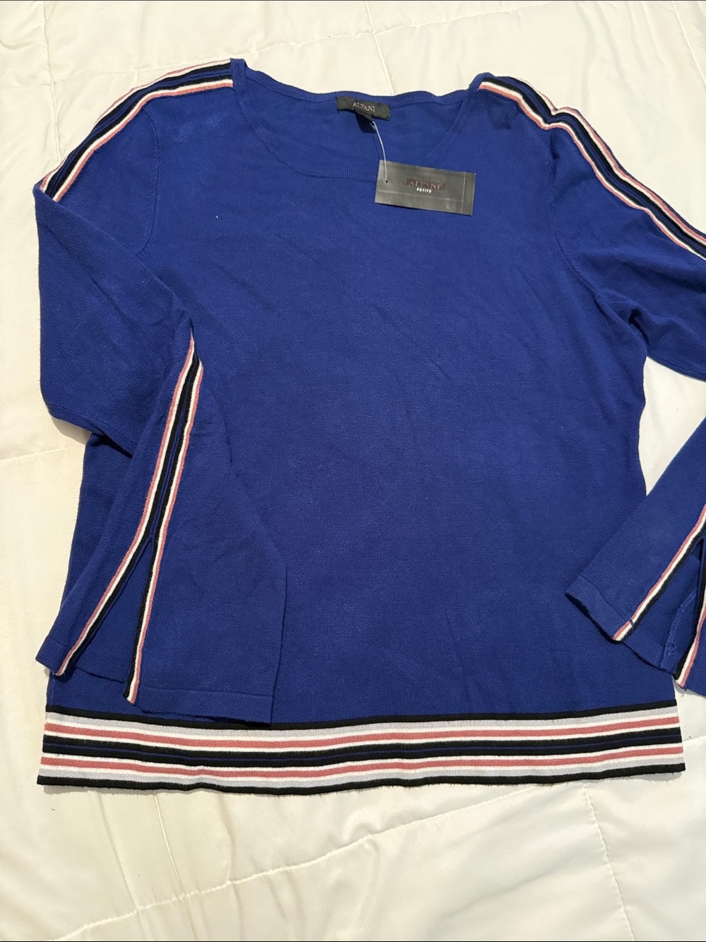 Alfant Petite Blue Crewneck Sweater with Multi-Stripe Trim. Open bell sleeves.